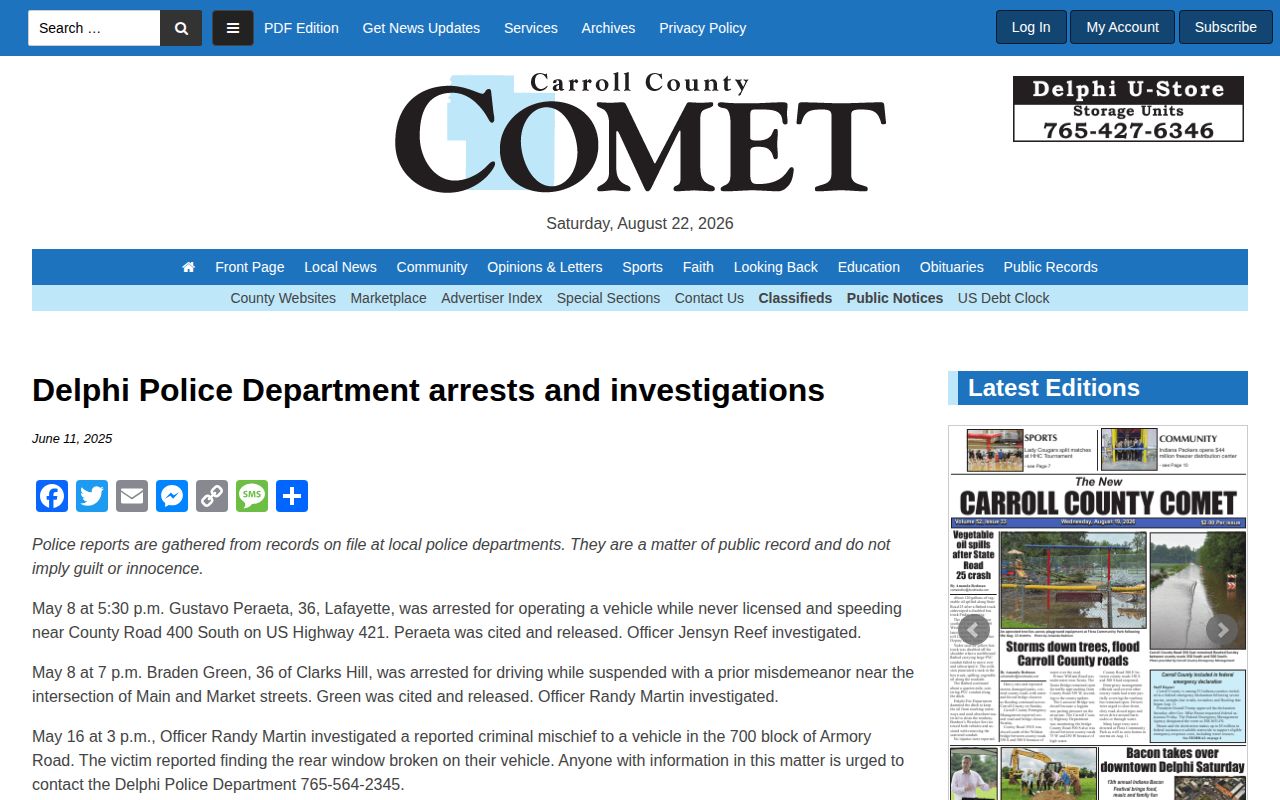 Carroll County Comet Delphi arrest news record column